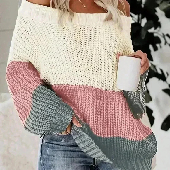 Sweaters - Multicolor Casual Women's Color Block Off Shoulder Batwing Sleeve Sweater